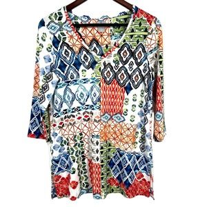 Chicos Size 0 Small Boho Stretchy Blouse Shirt Top 3/4 Sleeve Tropical Summer